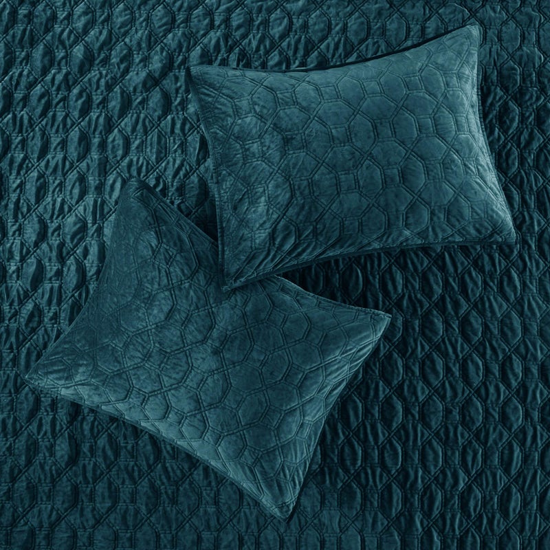 Madison Park Harper Quilt Set Velvet Casual Geometric Stitching Design All Season, Lightweight Coverlet, Cozy Bedding, Matching Shams, Full/Queen(90"x90"), Teal 3 Piece - Image 4